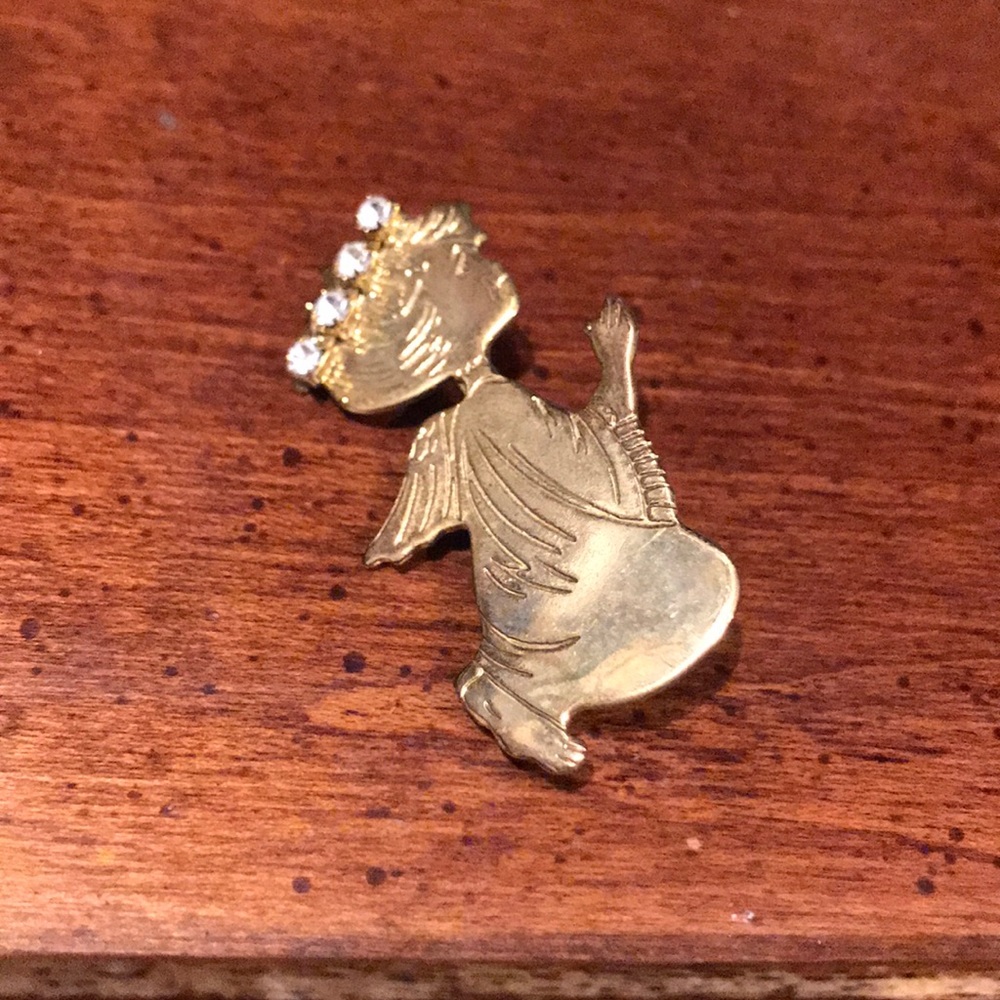 Vintage Brass Angel Pin with CZ Halo
